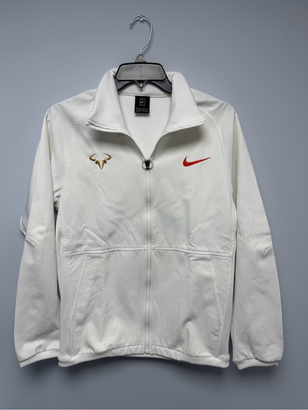 Nike White Lightweight Full-Zip Jacket with Red Swoosh and Gold Logo